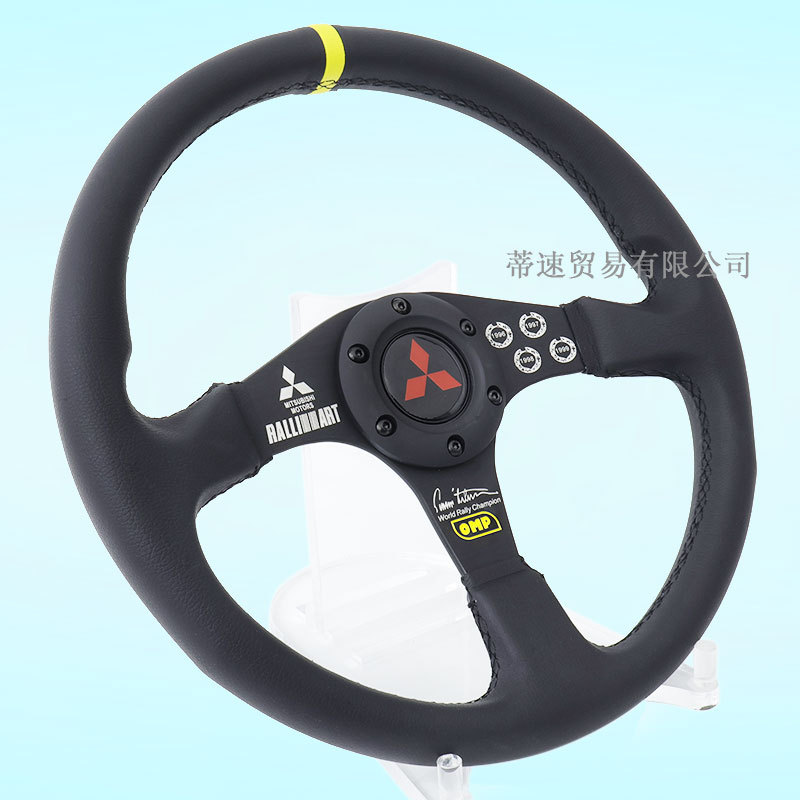 Cross-Border Hot-Selling Product: Universal Car Modification 14inch Omp Genuine Leather Steering Wheel, Jdm Racing Competitive Steering Wheel Flat Model