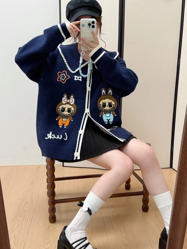 甜美娃娃领开衫毛衣女2025秋冬新款韩系宽松重工卡通刺绣针织外穿|undefined