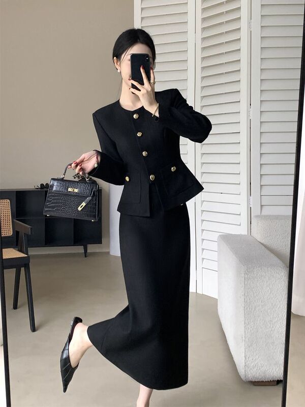 H0W法式小香风气质时尚套装女2025秋季新款圆领长袖外套半身裙两|undefined