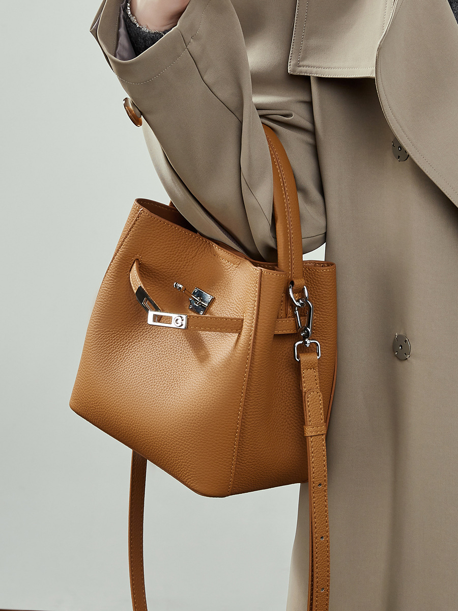 Bucket Bag Top Layer Cowhide Versatile Genuine Leather Tote Baske