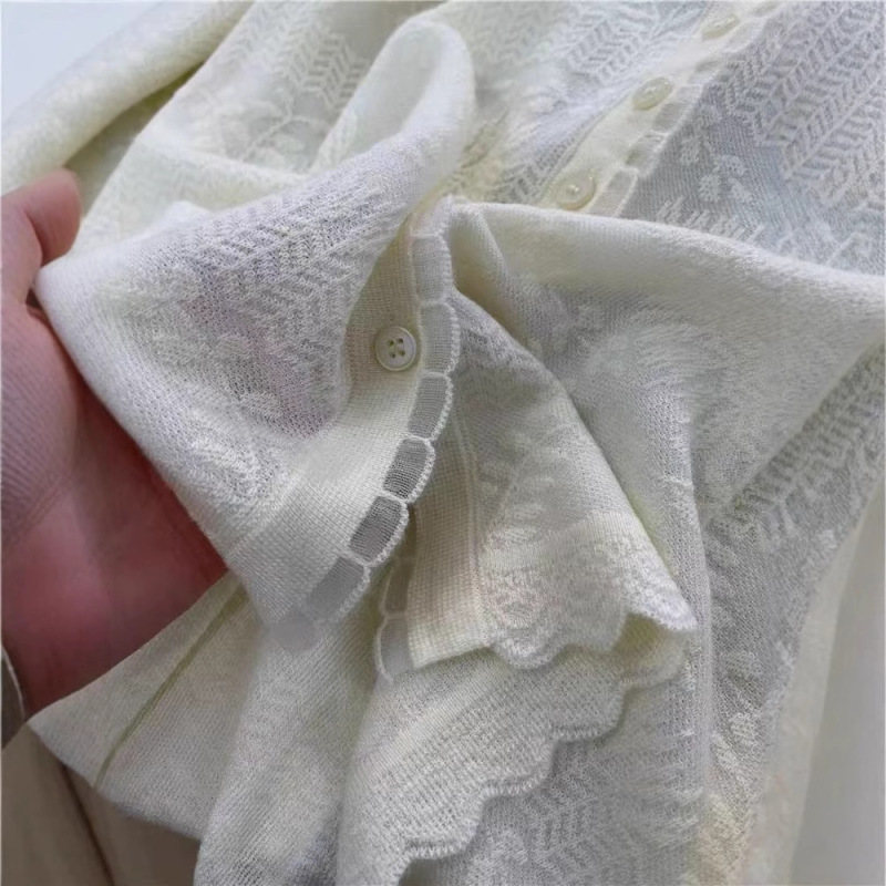 温柔系V领蕾丝花边拼接提花针织开衫女宽松显瘦百搭毛衣外套薄款|undefined