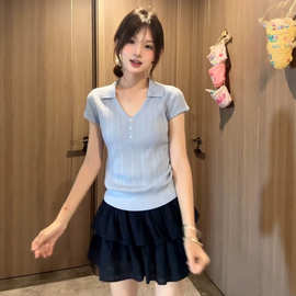 2026新款学院风v领针织短袖t恤女夏季韩系独特漂亮绝美掐腰小上衣
