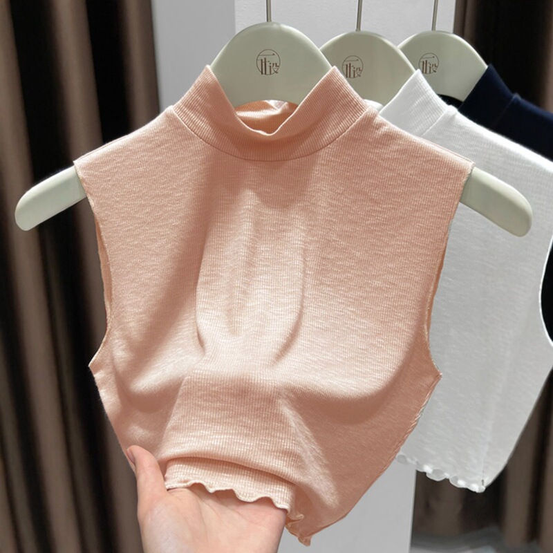 High-End Ruffled Half-High Collar Knitted Fake Collar Sleeveless Base Shirt for Women, New Versatile Top, Soft and Waxy Rayon