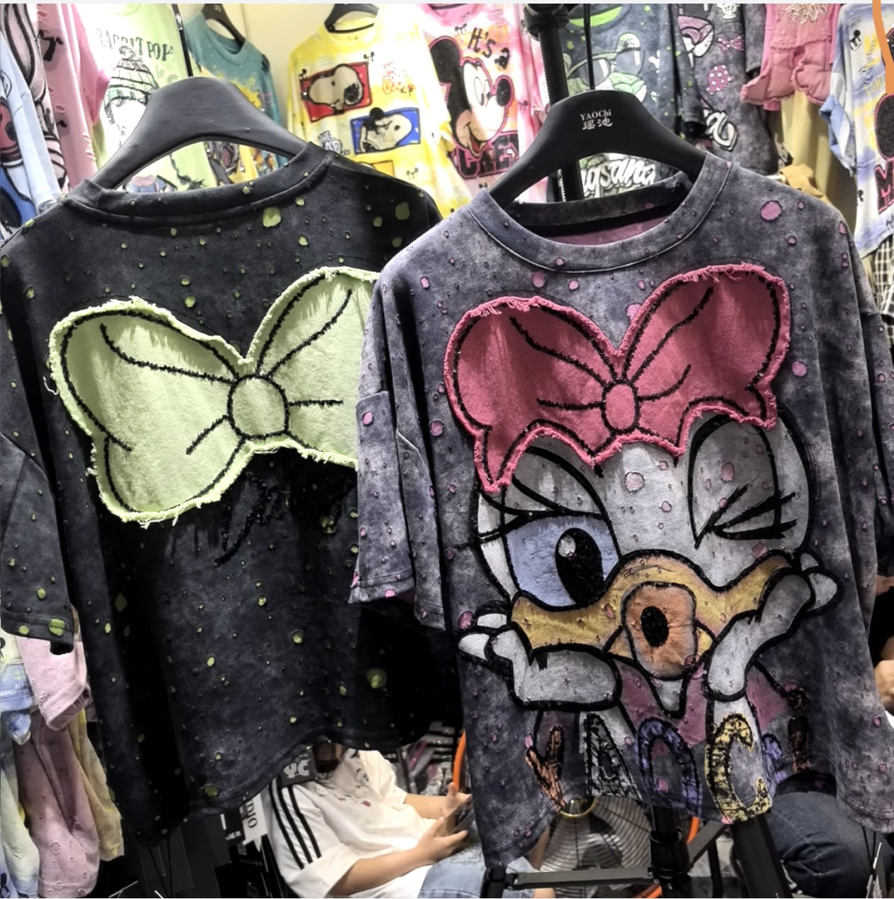Tide 25 primavera y verano nuevo suelto camiseta de impresión de mangas cortas de mujer dibujos animados versátil diseño de moda casual camiseta image 2
