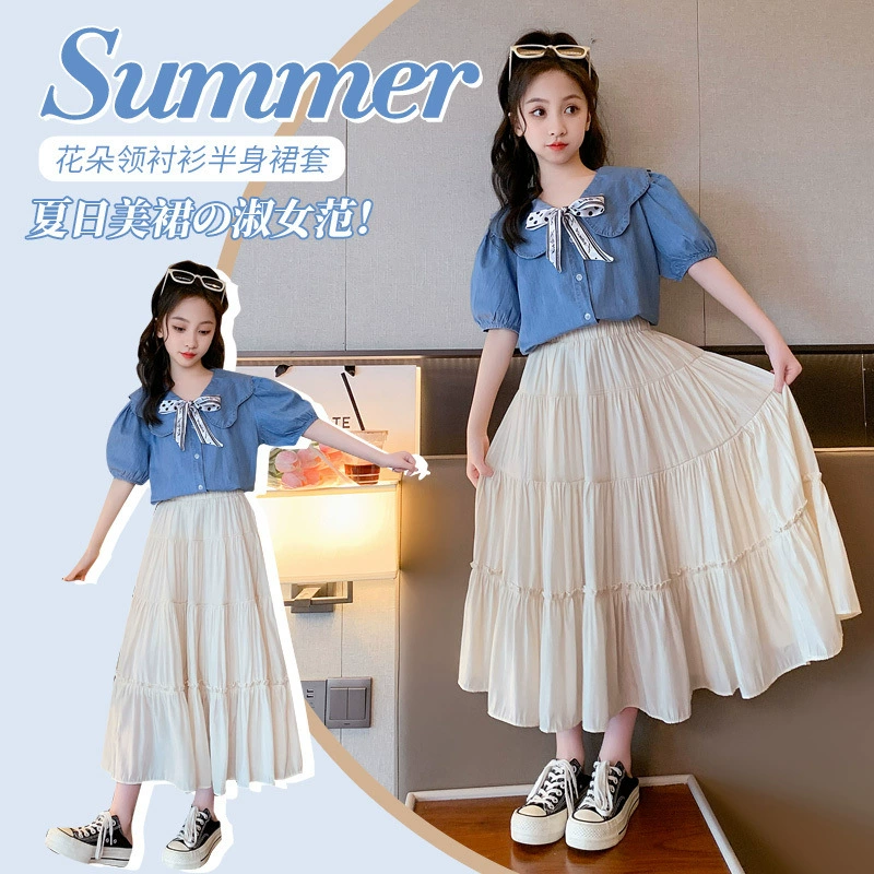 Летние платья для девочек 2025, новый стиль, интернет-знаменитости, летние джинсовые топы и юбки, комплект из двух предметов
