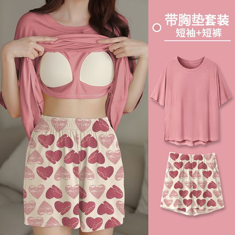 Pajamas with Breast Pads for Women, Summer Short-Sleeved Shorts, Thin, Sweet Cartoon Style, Large Size, Summer Home Clothes, Two-Piece Set Pajamas with Breast Pads for Women, Summer Short-Sleeved Shorts, Thin, Sweet Cartoon Style, Large Size, Summer Home Clothes, Two-Piece Set