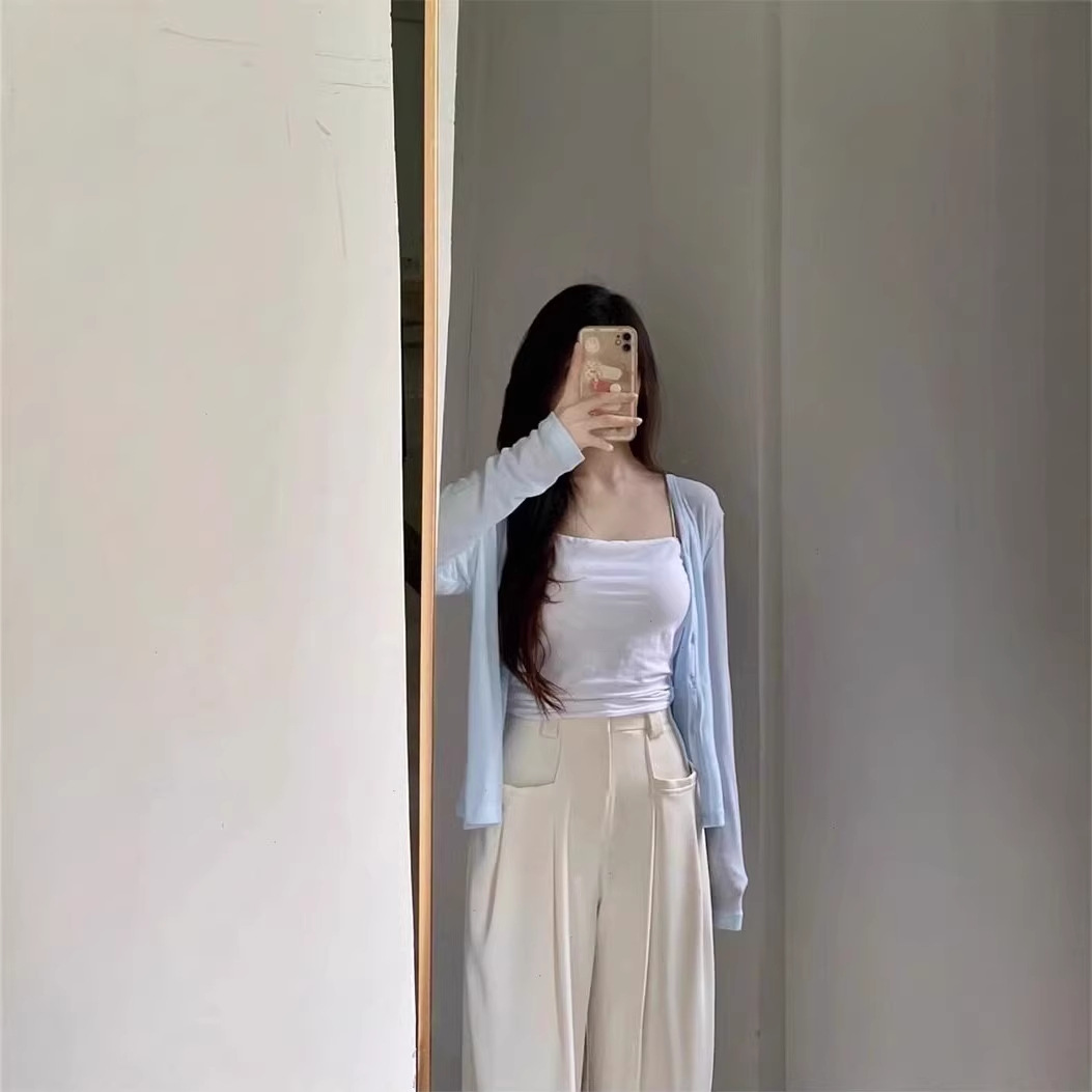 奶蓝色开衫外套女款夏防晒罩衫薄纱上衣薄款配吊带外搭凉感空调衫