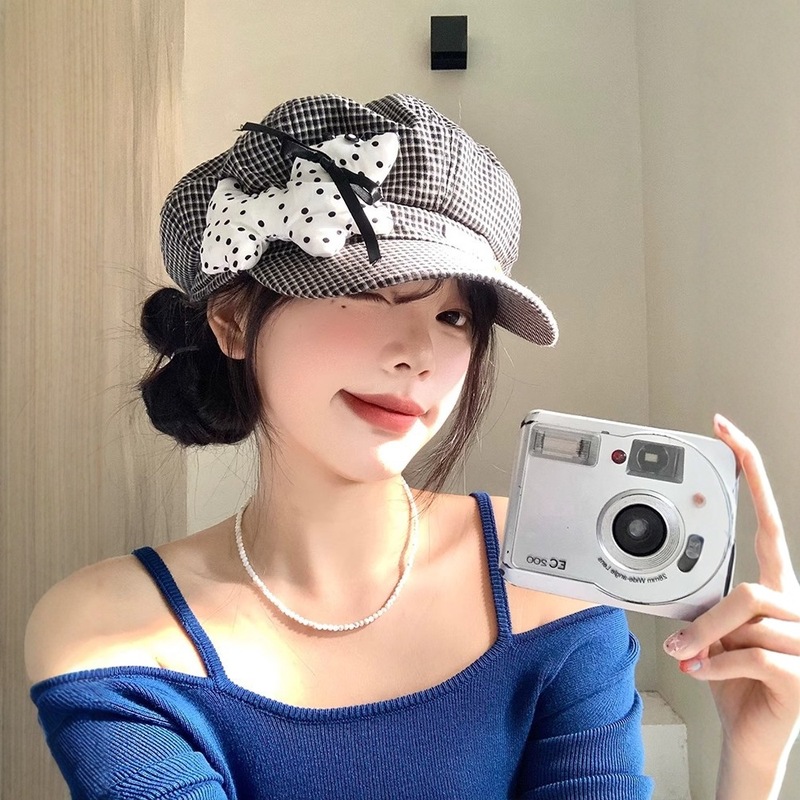 可爱波点小狗格纹贝雷帽女春夏季薄款显脸小八角帽大头围画家帽子|undefined