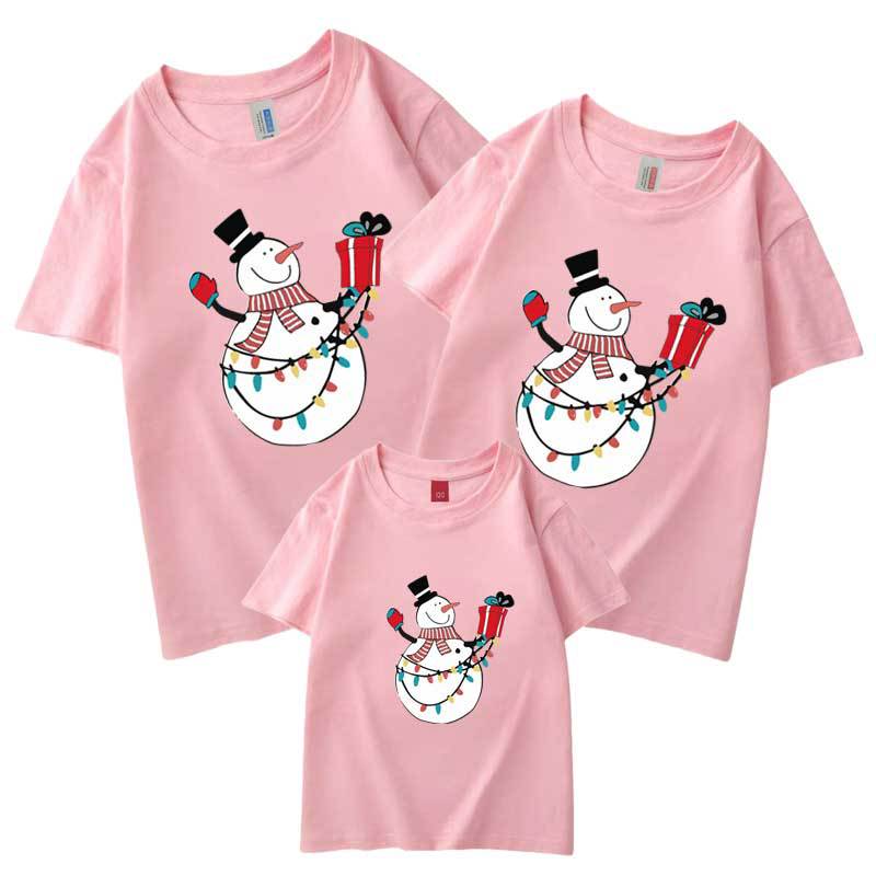 Día de Año Nuevo Navidad Muñeco de nieve autoproducido y vendido algodón refinado ropa para padres e hijos de venta rápida ropa para niños manga corta cuello redondo Camiseta al por mayor familia
