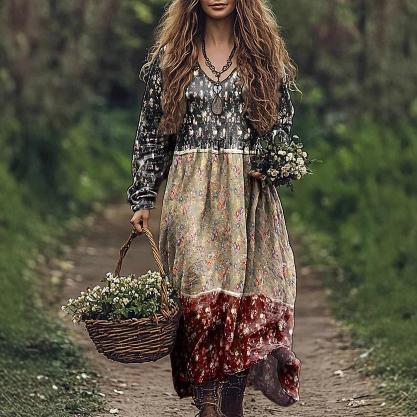 2024亚马逊独立站跨境女装欧美复古田园风休闲长袖新款长裙连衣裙