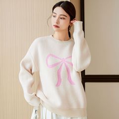 欧美跨境蝴蝶结图案针织套头衫女2025秋冬新款俏皮减龄圆领毛衣女
