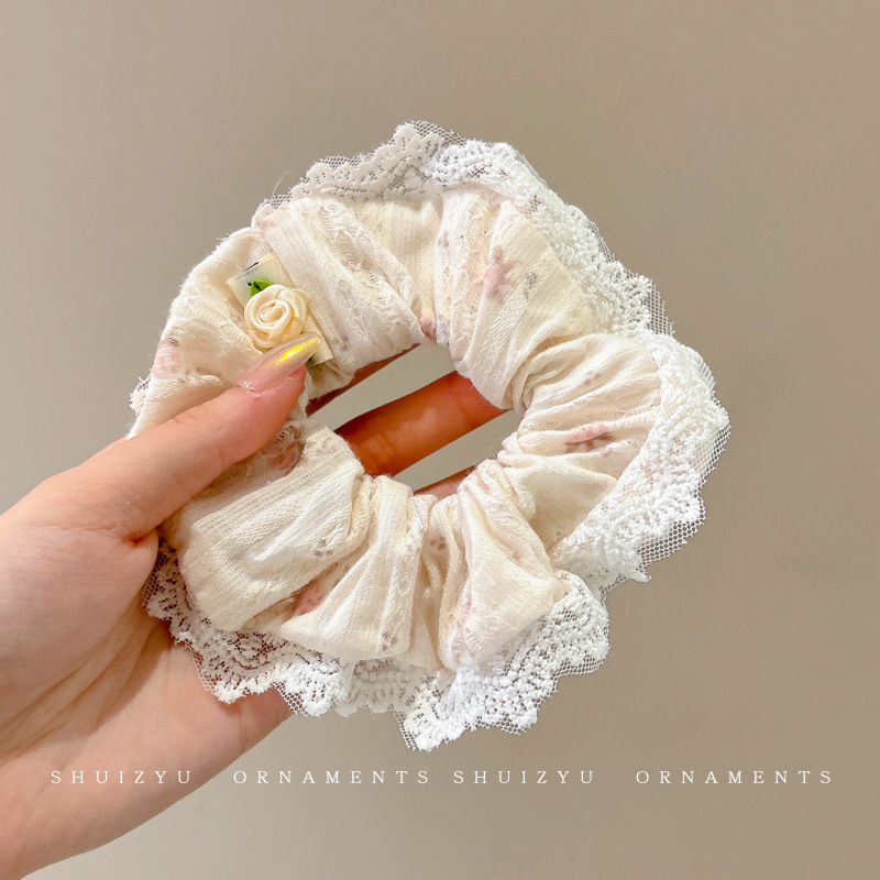 Lazo para el cabello de intestino grueso de encaje blanco de gran tamaño coreano para mujer 2025 nueva banda de goma cordón de encaje retro francés