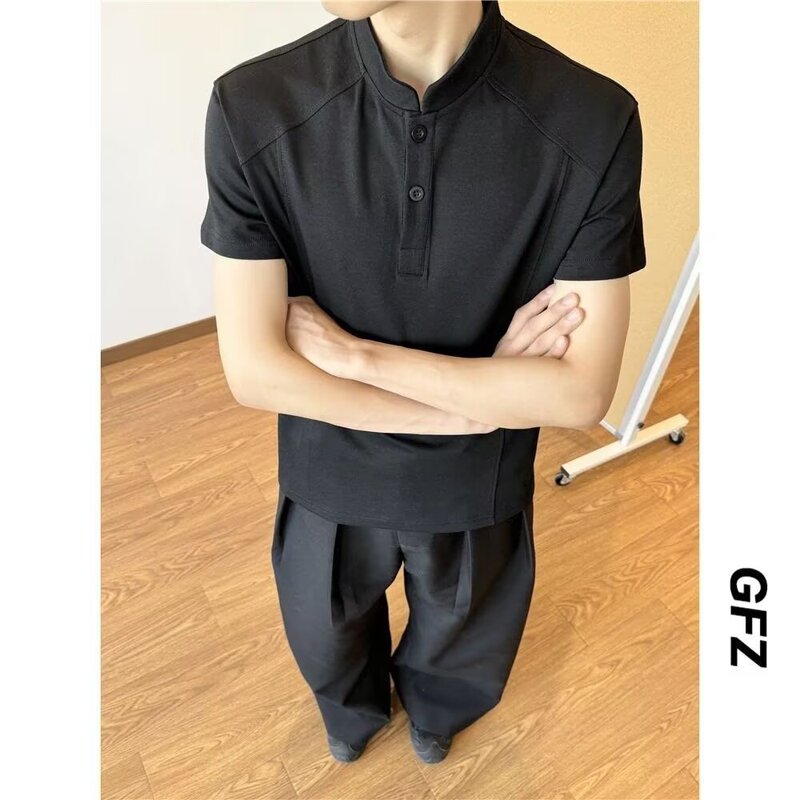美式复古亨利领恤男款夏季短袖正肩显瘦短款上衣|undefined