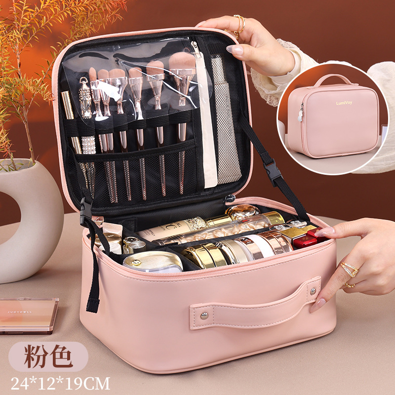 Lámpara LED de alta sensación espejo bolsa de maquillaje portátil de gran capacidad partición estratificada bolsa de maquillaje cepillo de almacenamiento