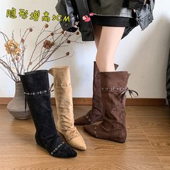 "废土辣妹"内增高西部牛仔靴女秋冬堆堆长筒靴系带显瘦不过膝长靴