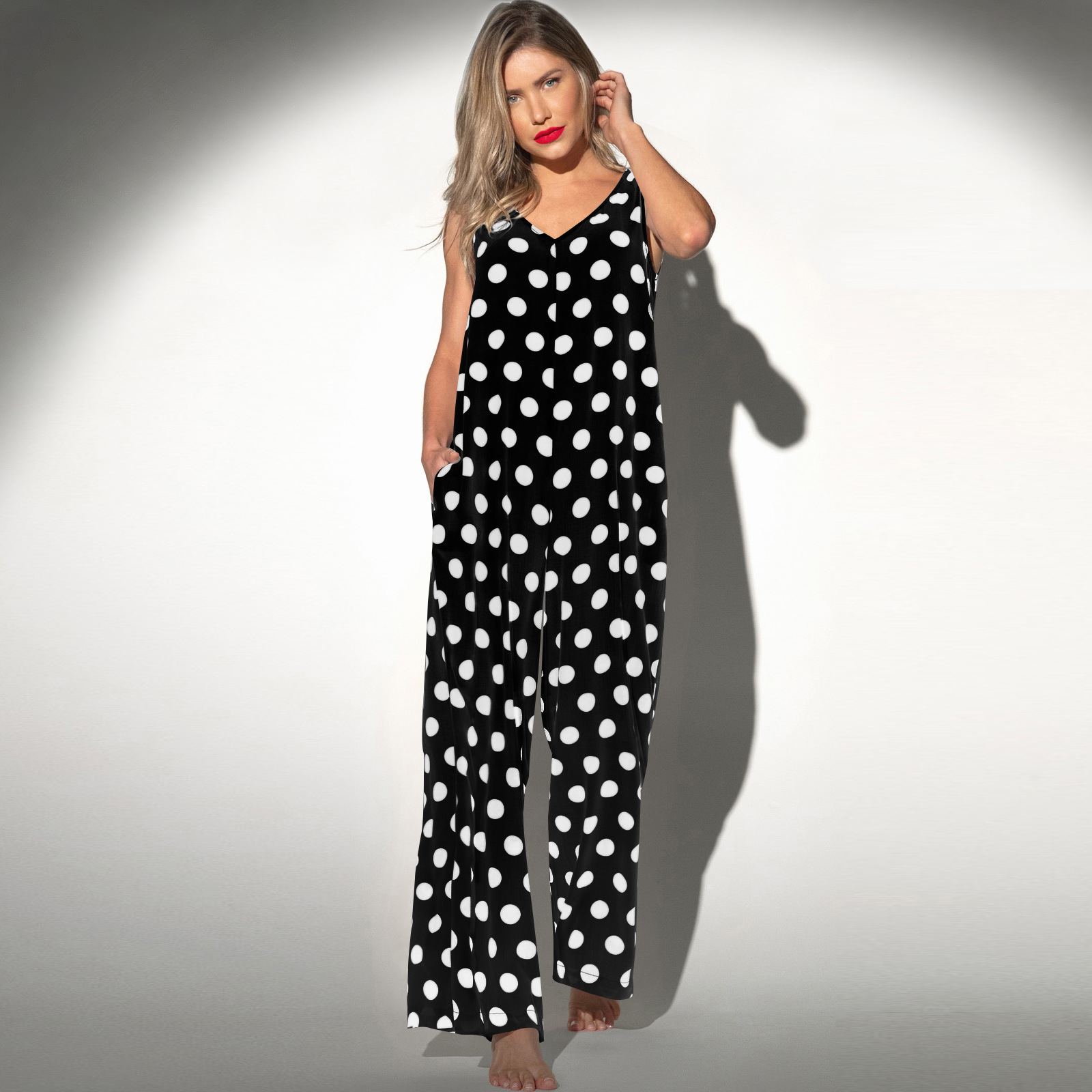 backless sleeveless V-neck polka-dot wide-leg jumpsuit NSMID128649