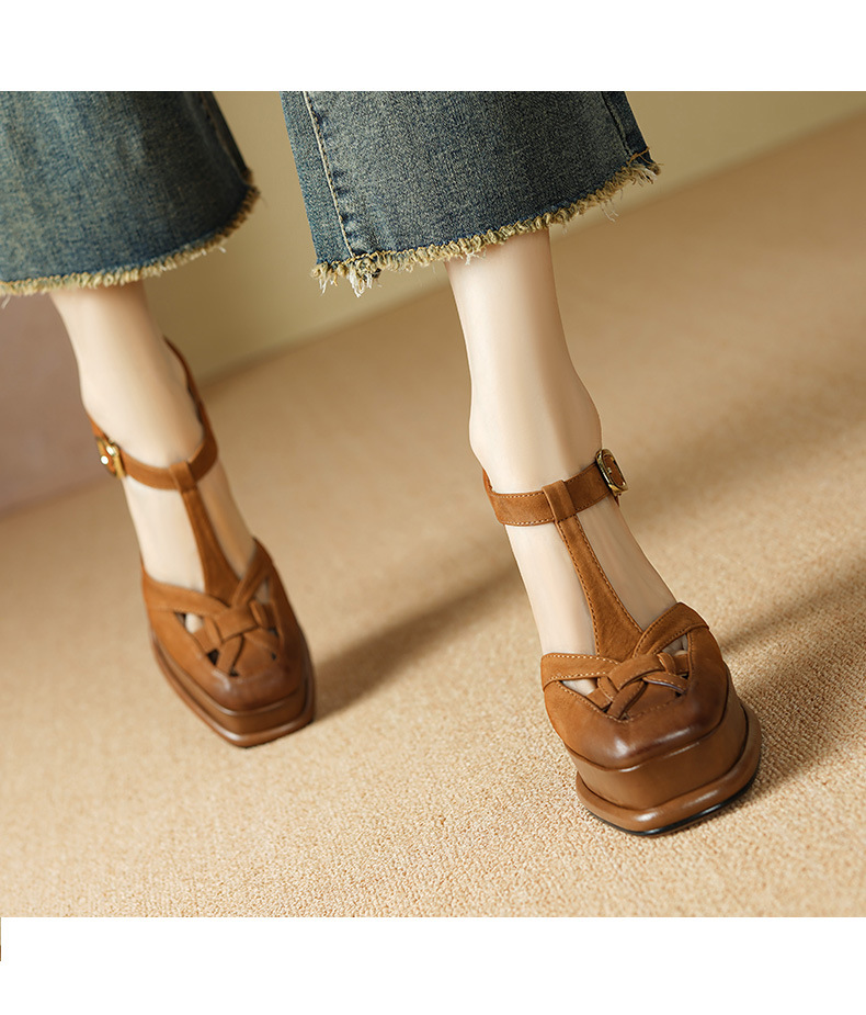 Giày sandal cao gót nữ bít mũi hở gót, quai chữ T, gót 12 cm, đế thô — Màu caramel chi tiết 6