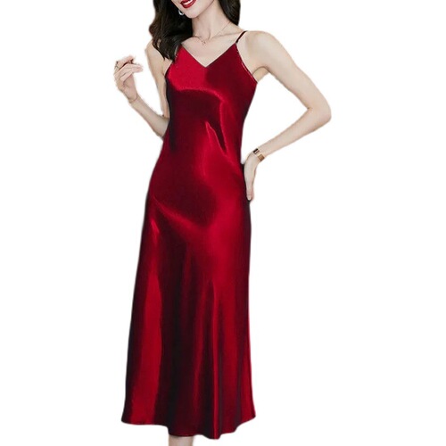 2025 spring and summer new style temperament V-neck suspender dress, women's medium and long sexy satin base and long skirt