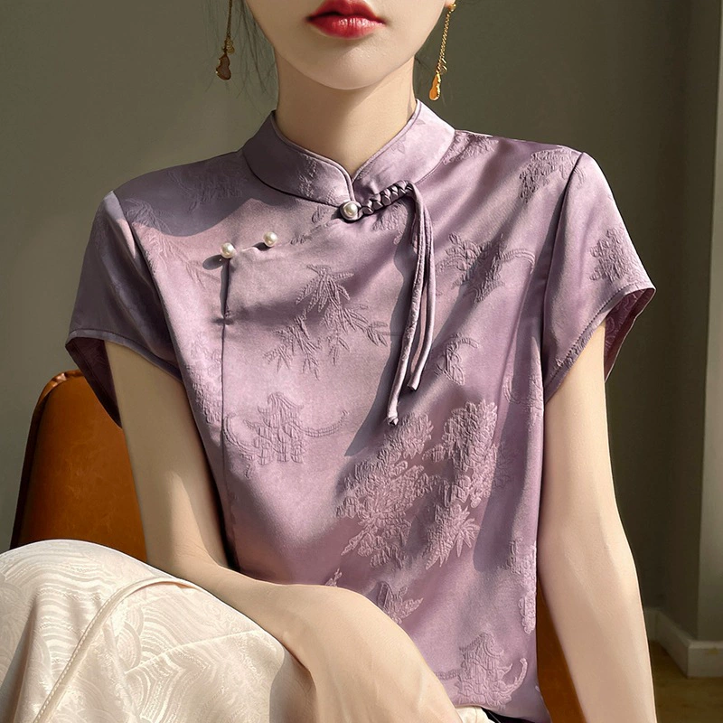 Новый китайский стиль атласная жаккардовая рубашка женский весна и лето 2024 новый вертикальный воротник пуговицы с короткими рукавами