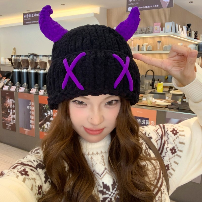 新款牛角恶魔套帽子女秋冬甜酷手工编织加厚保暖毛线帽显脸小冷帽|undefined