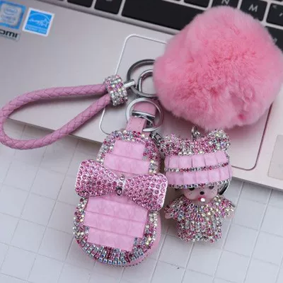 Diamond-embedded monqi car car: Static Rod/Key Bag - pink-four-piece-set