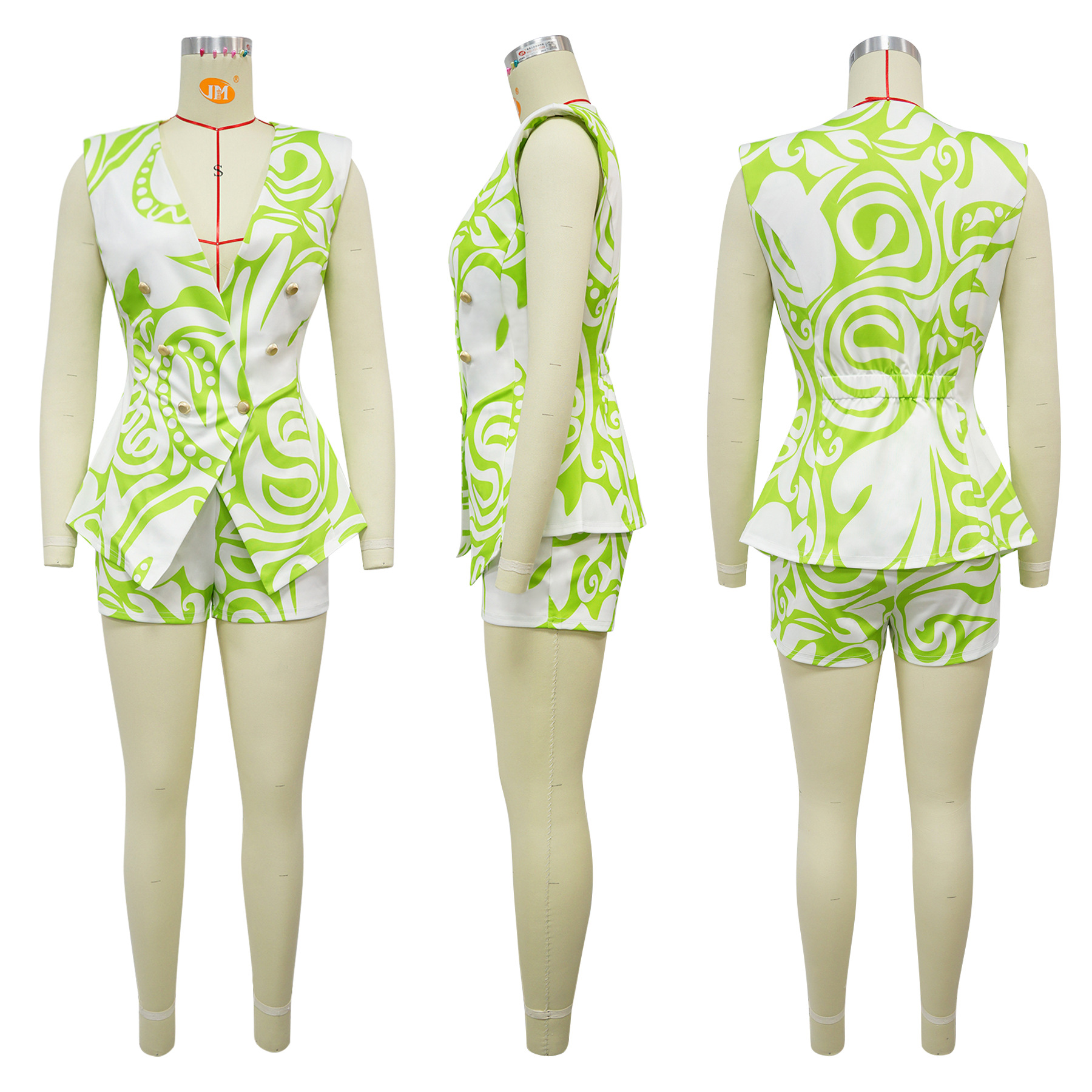 Ensemble blazer sans manches et short imprimé géométrique femme_voghion.com