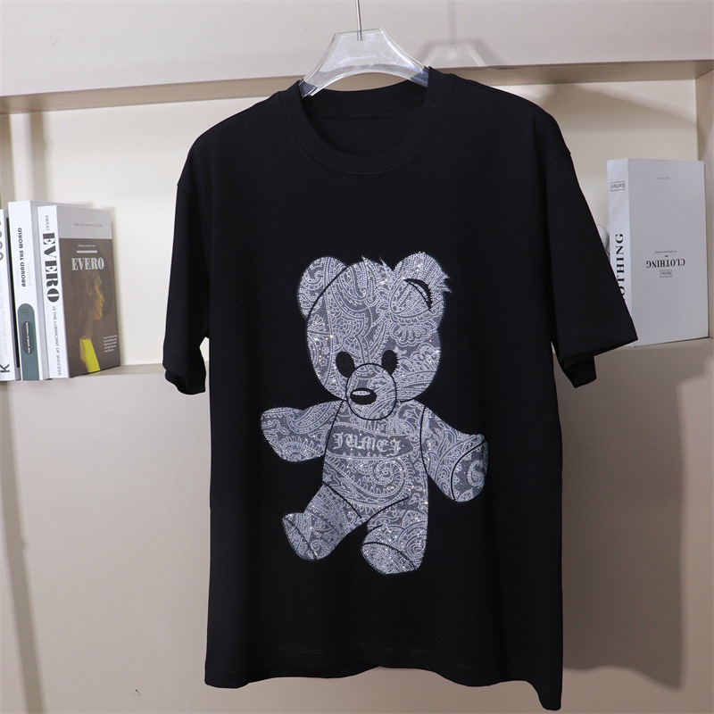 Estación de Guangzhou Xigao mercancías de la industria pesada impresión caliente gris diamante oso algodón media manga suelta manga corta Camiseta más tamaño gordo hombre gordo