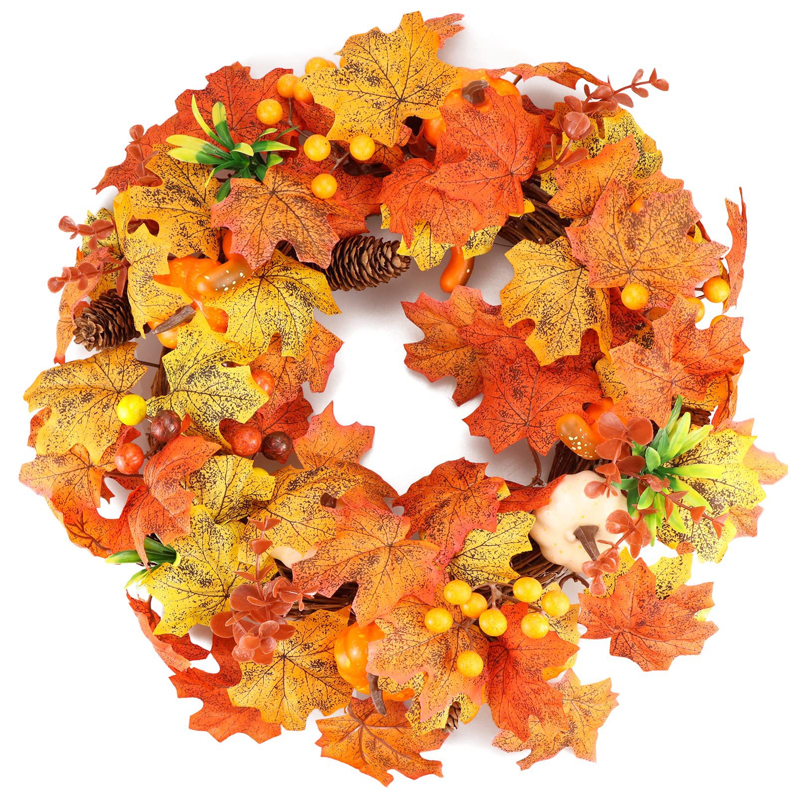 40cm丰收季花环秋季枫叶南瓜松果收获花环感恩节圣诞装饰家居门挂