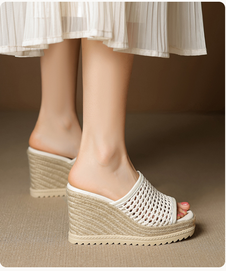 Sandal cao gót nữ mũi vuông đế rơm gót 10 cm — màu đen, màu trắng chi tiết 6