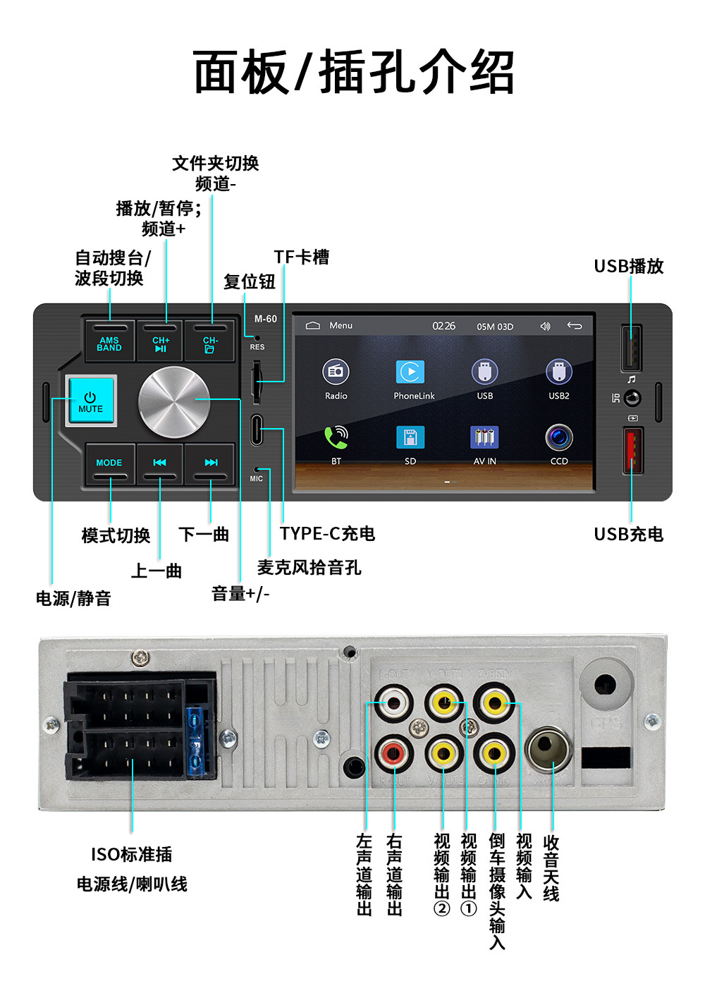 4.1inch Single-DIN Wired CarPlay Car MP5 Player Bluetooth Reversing Car Center Console Radio 12V