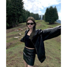 WANANTONG 等很久的迪s尼 全手工擦色皮衣套装 早秋外套/半裙女