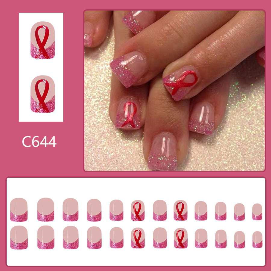 Lösnaglar french style med glitter och rosa rosett 24 st_voghion.com