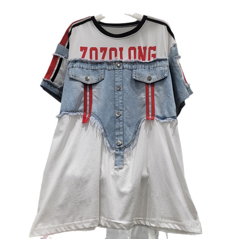 Casual camiseta europea para mujeres verano nuevo diseño de botón de empalme vaquero letras impresión de cuello redondo camisa de manga corta moda