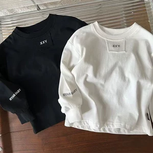 Осенний базовый приятный телу лонгслив для мальчиков, качественный однотонный пластырь, с вышивкой