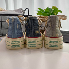 Autumn Thick Sole 2023 Canvas Shoes for Women Students, Height Increasing Korean Style Trendy Hong Kong Wind Denim Color Women's Shoes 3179/3180