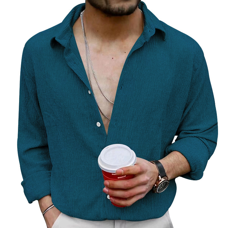 Men's Wrinkle Fabric Cardigan Solid Colour Casual Overcoat Style_voghion.com