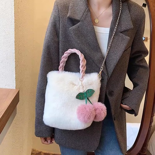 Cute Cherry Girl Plush Handbag Women Korean Style New Autumn and Winter Furry Shoulder Messenger Bag