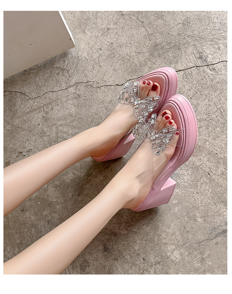 Dép sandal cao gót nữ quai ngang gót thô 10cm đính nơ đá lấp lánh — Màu hồng, Màu trắng be chi tiết 11