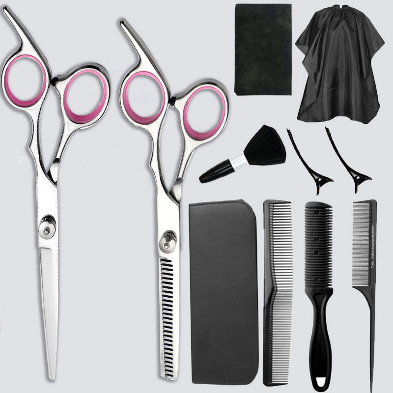 Los fabricantes venden tijeras de corte de pelo de acero inoxidable, corte, corte, corte de dientes planos, juego de adelgazamiento de rango medio, práctico hecho a mano