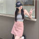 Casual Women's Denim Short Skirt Lined 2025 Dirty Pink High Waist Slimming A- Line Skirt Hip Skirt for Small