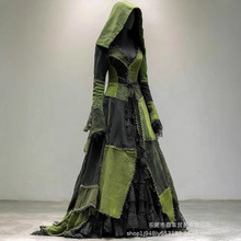 2025跨境外贸新款 3D数码印花底纹 万圣节连帽V领长袖长裙欧美女