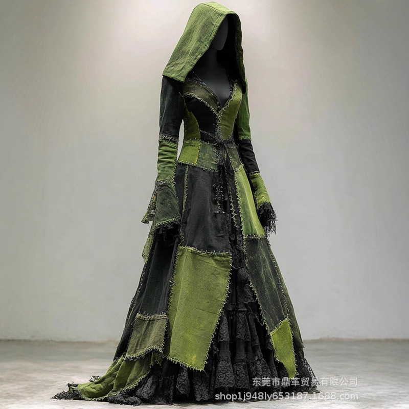 2025跨境外贸新款 3D数码印花底纹 万圣节连帽V领长袖长裙欧美女