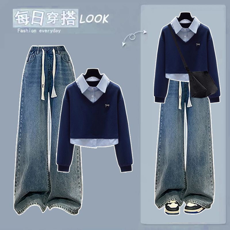 Fashion Suit # Short Polo Collar Sweatshirt with High Waist Fake Two-Piece Long Sleeves and New Special Stretch Jeans