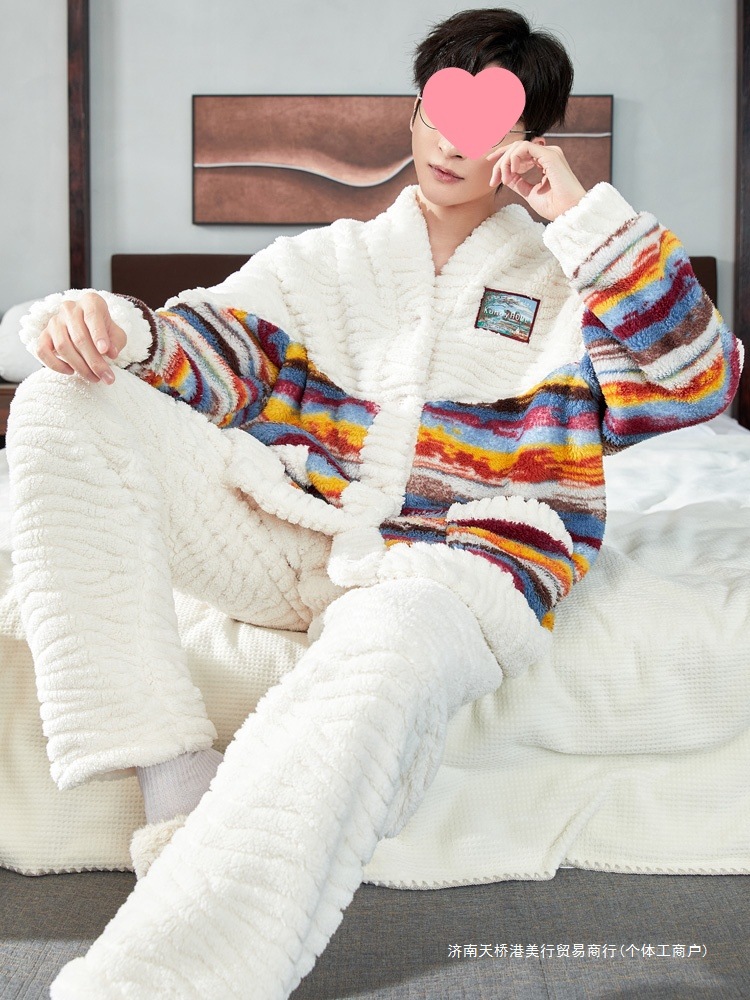 Pajamas Men's Winter Coral Velvet Thickeneded and Warm New Autumn and Winter Flannel Youth Home Wear Set