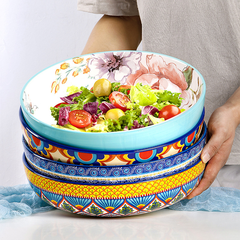 European and American style fruit salad bowl large pastoral style soup bowl underglaze color round pickled fish bowl 12 inches European and American style fruit salad bowl large pastoral style soup bowl underglaze color round pickled fish bowl 12 inches
