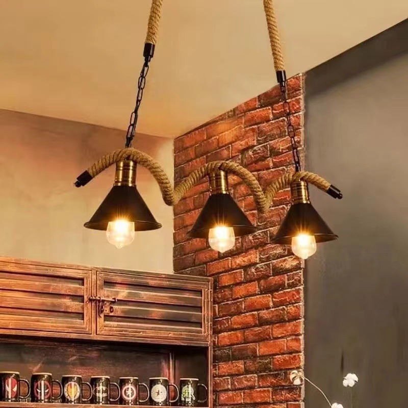 simple industria de hierro forjado chandelier de cuerda de cáñamo estilo americano restaurante de campo barbacoa hotpot decoración de bar iluminación retro