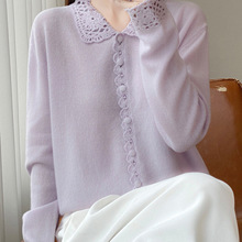 跨境2025秋冬新款羊毛衫女宽松显瘦钩花衬衣领打底毛衣内搭上