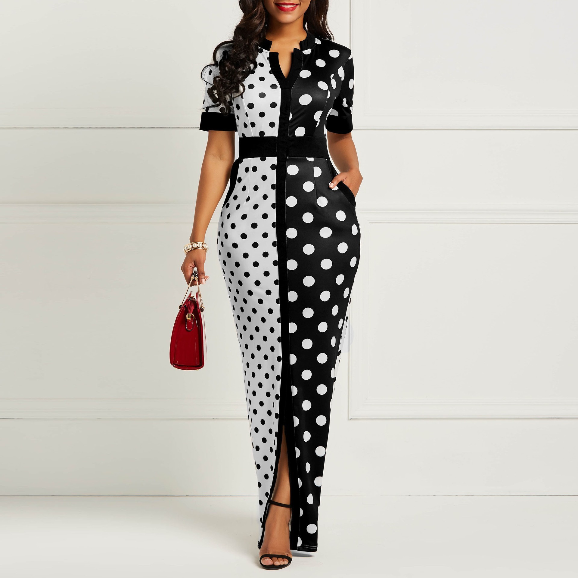 European and American new cross-border new polka dot dress for women black and white polka dot patchwork waist slimming dress_mkmklike.com