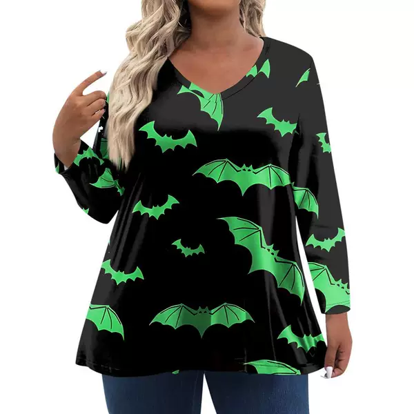 2024 summer new Amazon cross-border European American bat pattern long sleeve V-neck T-shirt WB14