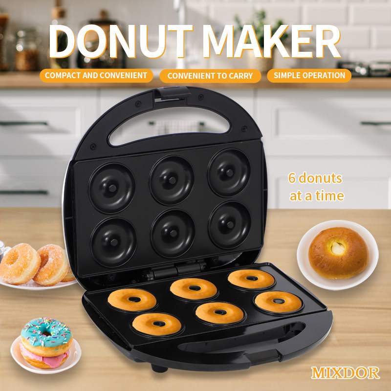 110V estándar americano estándar europeo máquina de donas de 6 orificios mini calefacción de doble cara automática bandeja para hornear eléctrica máquina de desayuno máquina de pasteles